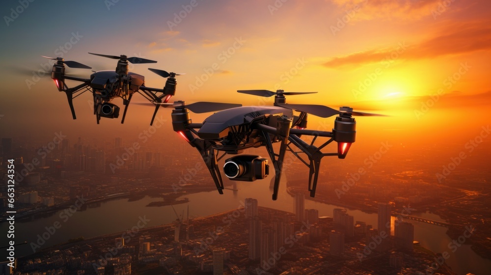Two quadcopter drones equipped with high-resolution digital cameras soaring through the mesmerizing orange hues of a sunset sky.