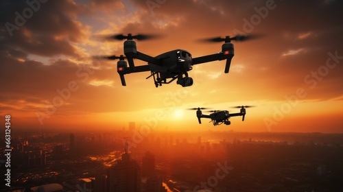 Two quadcopter drones equipped with high-resolution digital cameras soaring through the mesmerizing orange hues of a sunset sky.
