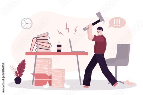 Angry worker man uses hammer to smash computer at workplace. Fatigue from job, burnout, stress, mental illness. Male character has psychological problems.