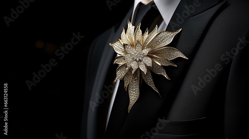 "A radiant gold and diamond brooch, delicately pinned to a luxurious silk lapel