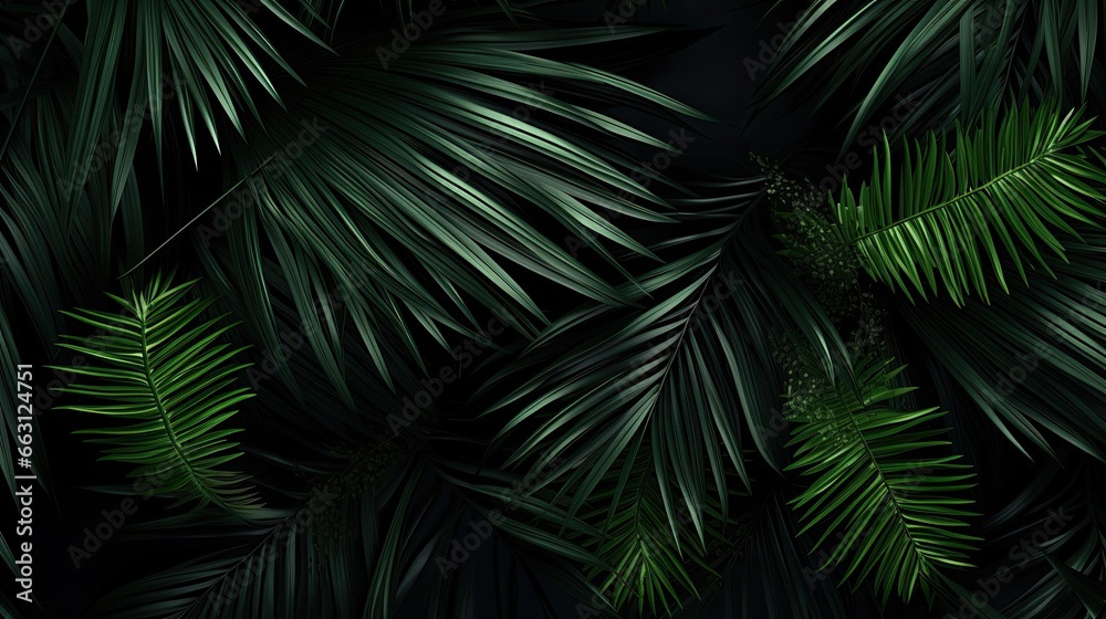 Vibrant Palm Leaf: Close-up of a Green Frond Against a Black Background