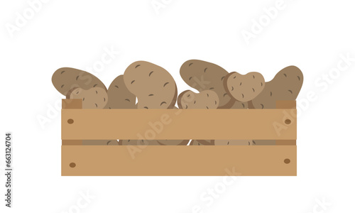 Vector illustration box with potatoes isolate on white , harvesting autumn vitamins, season vegetable ,healthy and tasty food, bio and eco. Illustration for different design uses .