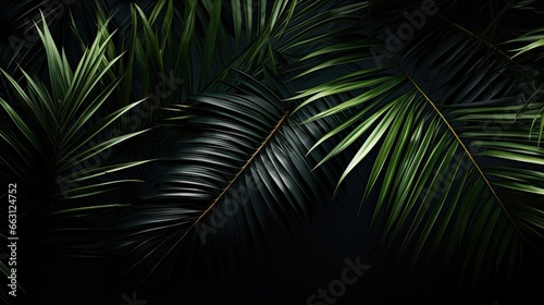 Vibrant Palm Leaf: Close-up of a Green Frond Against a Black Background © tydeline