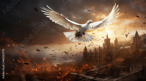 a white dove flies over a burning city, war, battle, symbol of peace, fire, architecture, wings, sky, feathers, chaos, destruction, bird, wing flap, pigeon