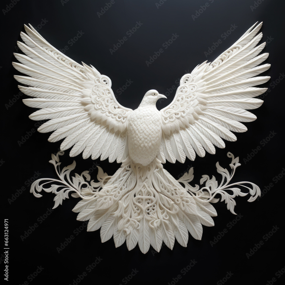 Fototapeta premium white dove flies on a black background, sculpture, bird, symbol of peace, beautiful, nature, animal, decorative, handmade, design, pigeon, wings, feathers, flight, elegant, figurine