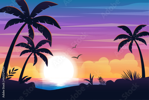 gradient beach sunset sunrise with palm silhouette landscape background © AinStory
