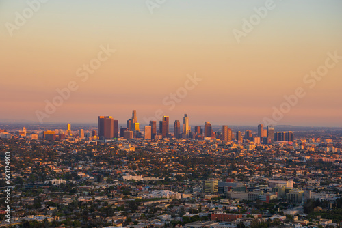 Beverly hills downtown skyline at sunset, Los Angeles, California, USA