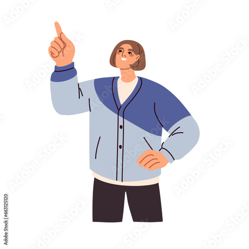 Happy man looking up, pointing, indicating with finger. Excited smiling guy showing something, gesturing with hand, watching with interest. Flat vector illustration isolated on white background