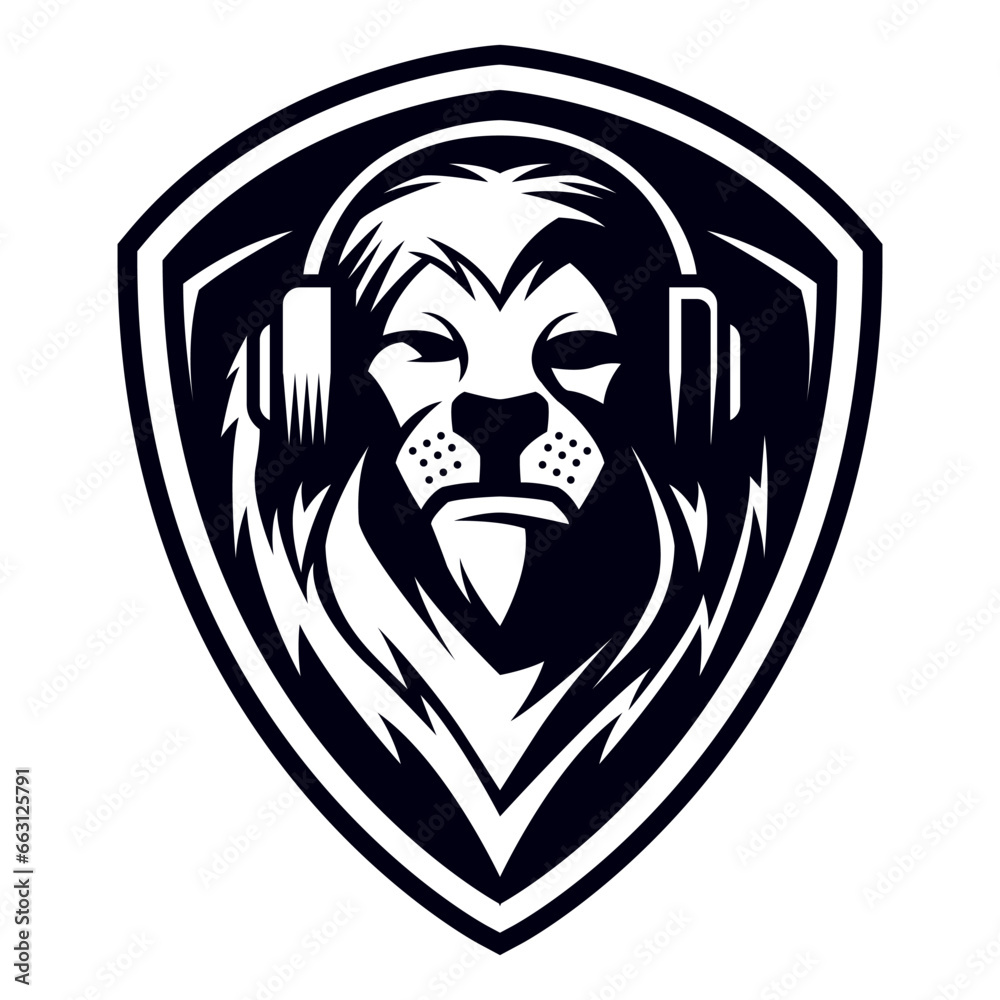 Lion Headset Mascot vector logo black and white design template illustration Lion Headset Mascot vector logo black and white design template illustration