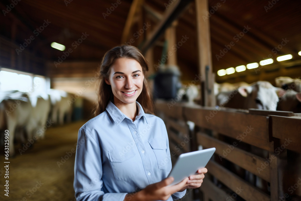 Fototapeta premium An agricultural specialist inspects a farm. Keeping and raising cows and cattle. Quality control in the production of dairy products. Farmer.