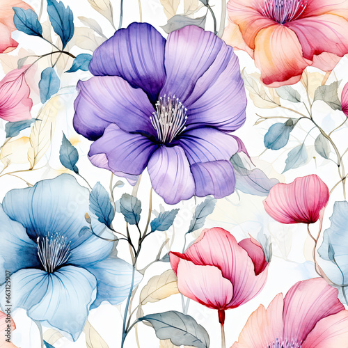 Wallpaper Mural Seamless watercolor decorative flowers pattern, ai generative background Torontodigital.ca