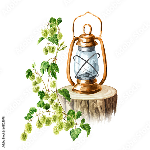 Iiron lantern and Fresh green hops (Humulus lupulus) branch. Hand drawn watercolor illustration isolated on white background photo