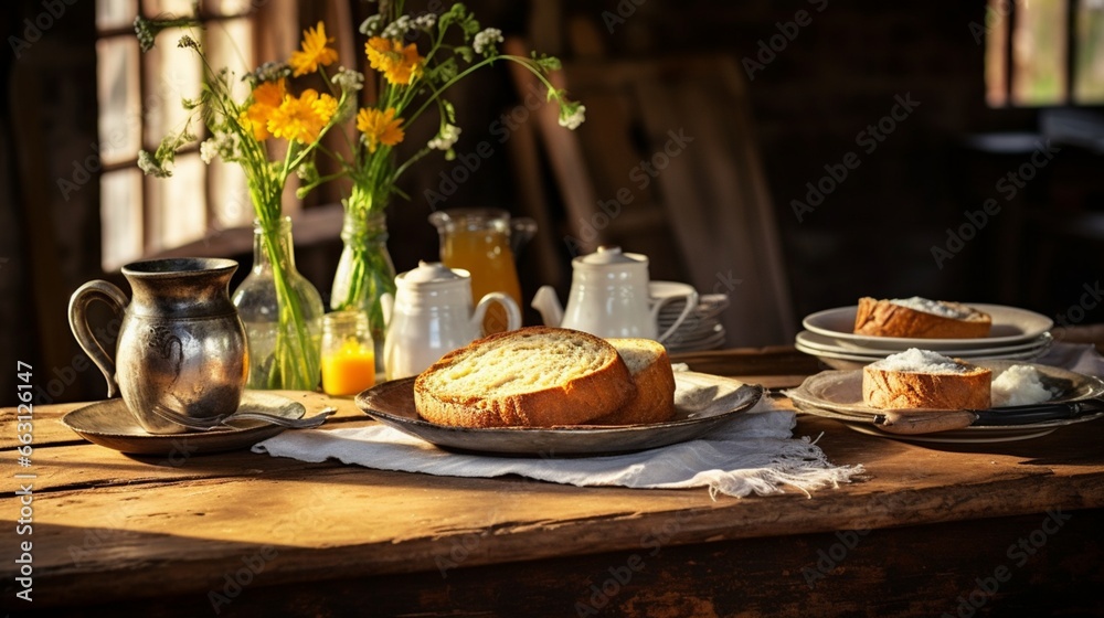 A rustic farmhouse table set with a hearty morning feast, drenched in soft sunlight, highlighting the textures of the freshly baked bread and golden scrambled eggs
