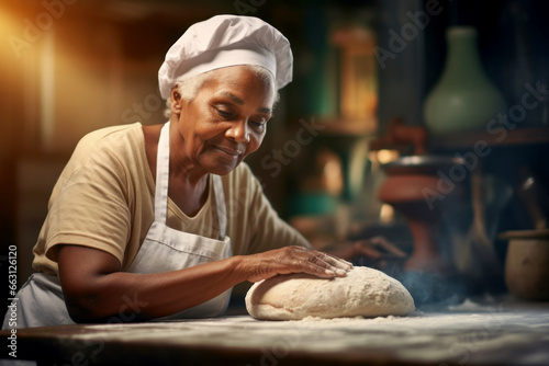 An elderly dark-skinned woman prepares bread dough in the kitchen. Grandmother kneads dough for baking. Homemade bread production. Fresh bakery.