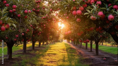 A rustic, sun-dappled orchard with rows of apple and pear trees, their boughs heavy with ripe, glistening fruit, inviting a harvest