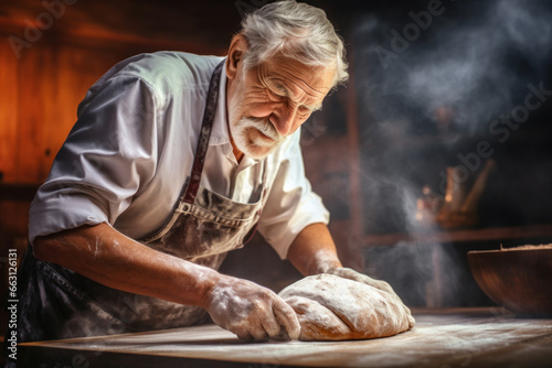 An elderly male baker prepares dough for bread in the kitchen. Kneads dough for baking. Homemade bread production. Fresh bakery. Private production.