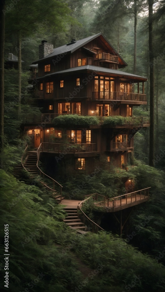 A dream house tucked away in a dense forest.
