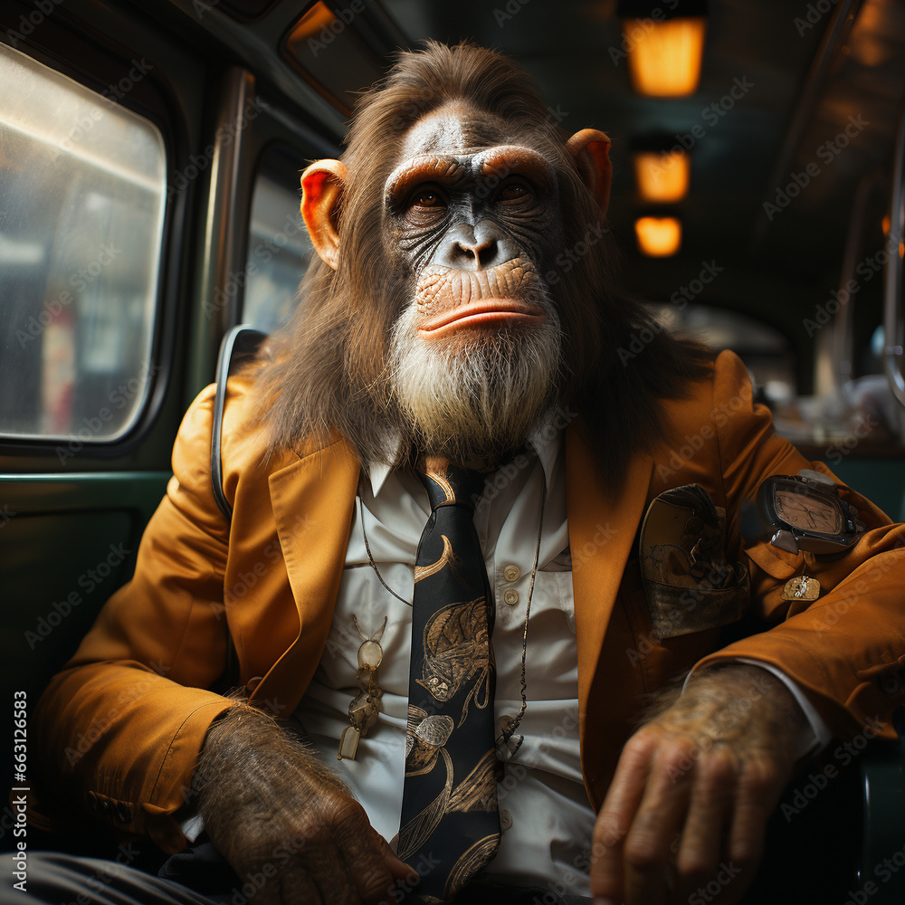 Affe sitzt im Bus mit Anzug Freundlicher Affe schaut mich an