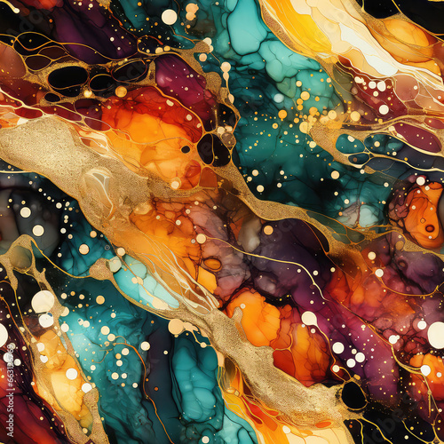 Seamless rainbow abstract alcohol ink shapes with gold background, ai generative