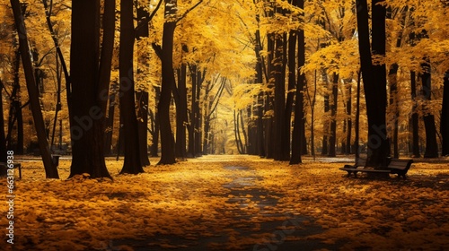 A serene forest with golden leaves falling gently, creating a mesmerizing carpet on the ground © ra0