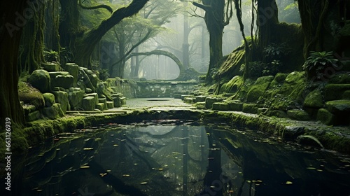 A secret grove, where mossy stones surround a tranquil pool, its surface mirror-smooth