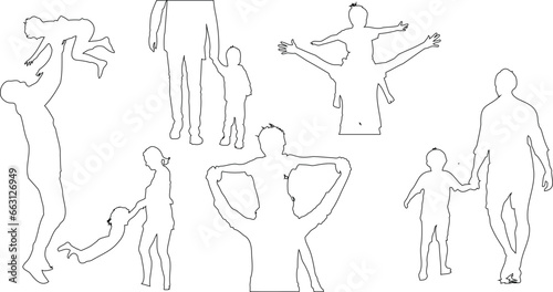 Father’s Day, Son’s Day vector illustration. Line art style group of people in various poses. Perfect for celebrating paternal bonds and the influence of fathers in society.
