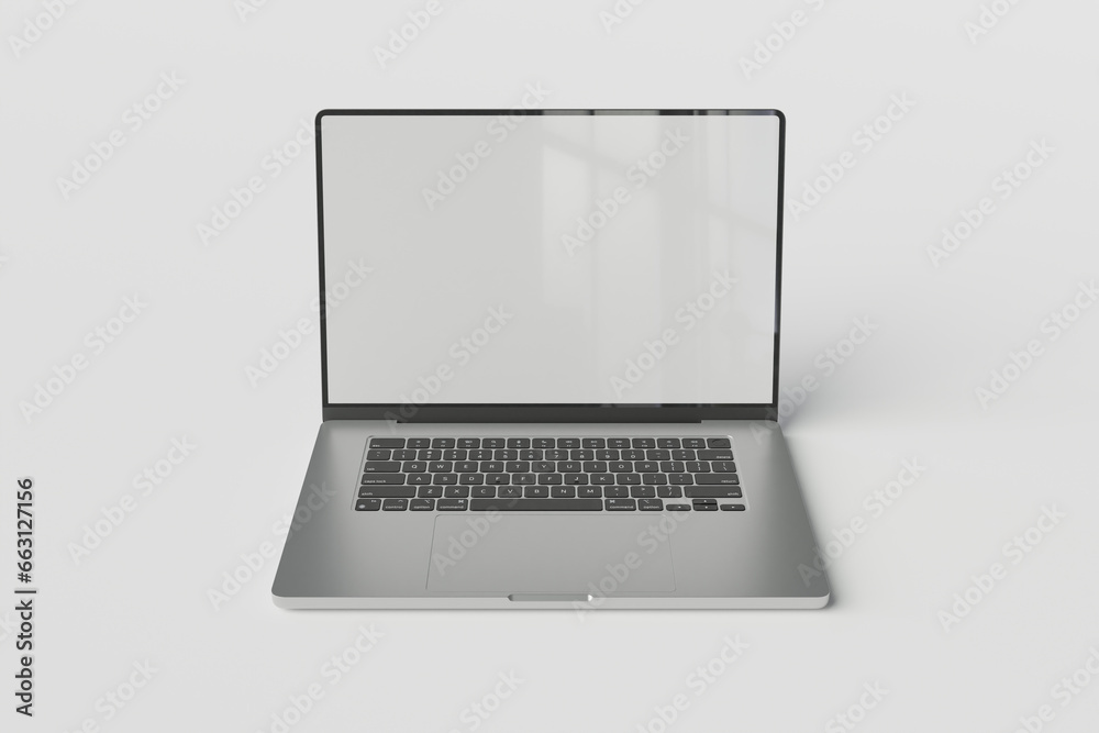 Front view of a laptop with blank white screen isolated on white background