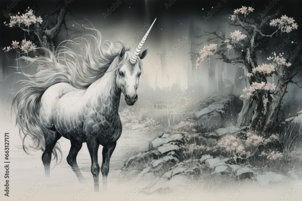 Majestic unicorns with shimmering silver horns - Generative AI - obrazy, fototapety, plakaty 