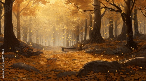 A serene forest with golden leaves falling gently  creating a mesmerizing carpet on the ground