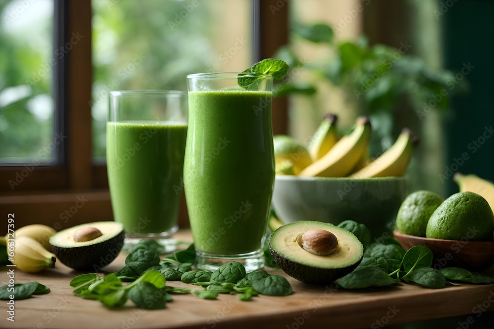 A green smoothie in a clear glass, highlighting the layers of spinach, banana, avocado, and spirulina. A green smoothie in a clear glass, highlighting the layers of spinach, banana, avocado, and spirulina.