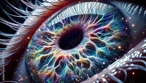 Spectacular Close-Up of Holographic Iris: Vein Patterns and Colorful Radiance