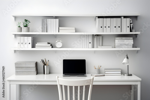  A minimalist study with a sleek desk  ergonomic chair  and bookshelves. The clean lines and uncluttered workspace promote a focused and productive environment.