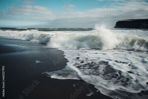 Stunning ocean waves in desert Iceland beach. Generative AI