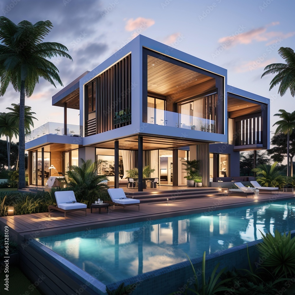 Fototapeta premium Waterworks Modern Luxury Villa Near Field Design 2nd Floor Swimming Pool Garden Car Gate