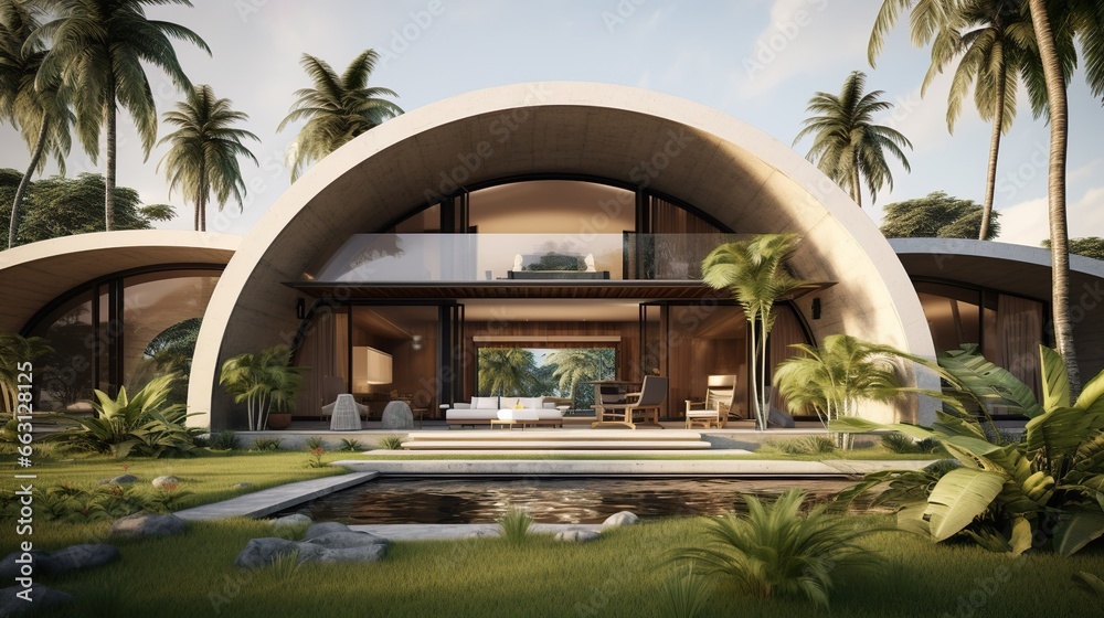 Modern Tropical House Open Living Concept Curved Design Arch Door With Garden and Small Farms Outdoor Modern Tropical House Open Living Concept Curved Design Arch Door With Garden and Small Farms Outdoor