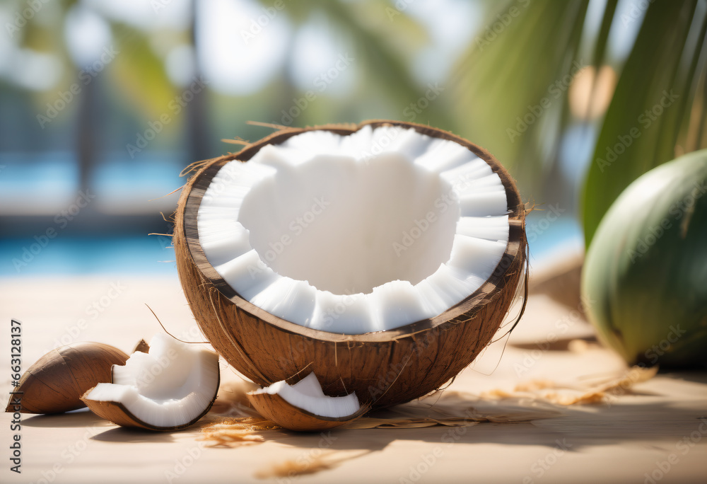A solitary coconut resting on a pristine beach, embodying the essence of tropical paradise A solitary coconut resting on a pristine beach, embodying the essence of tropical paradise