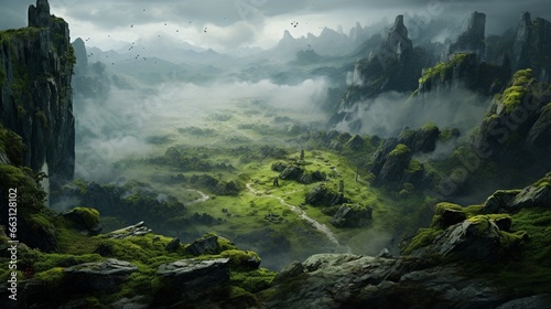 A serene moss-covered hillside, overlooking a misty valley, where ancient stones peek through the verdant blanket