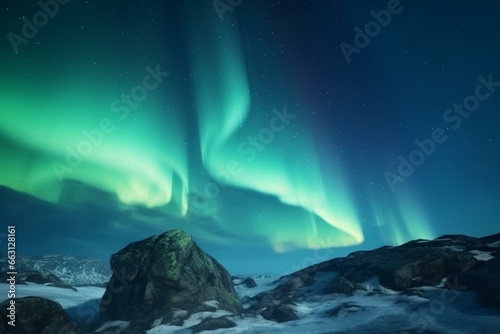 Beautiful blue aurora over rocky landscape. Magical northern lights in a serene wallpaper with space for copy. Generative AI