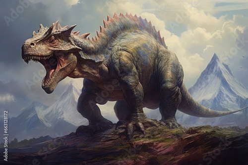 Predatory dinosaur dominating peak. Generative AI © Idris