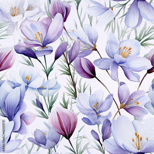 seamless pattern with purple flowers, crocuses, ornament, wallpaper, floral, plant, white background, gardening, bloom, spring, nature, bud, green, blue, petals, leaves, grass, watercolor painting