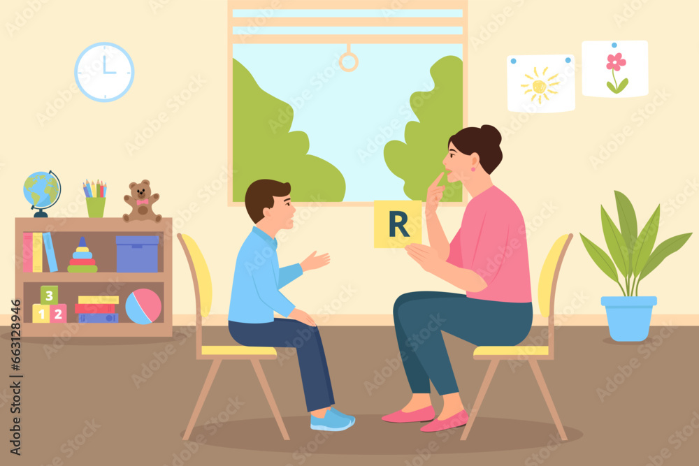 Speech therapy classes for a preschool child with a therapist in an  cozy office interior. Speech disorders in children. Correct articulation therapy for a girl. Vector illustration.