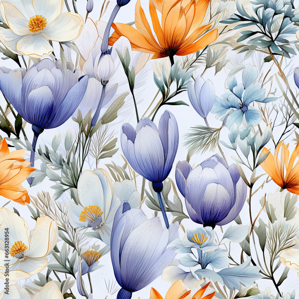 seamless pattern with purple flowers, crocuses, ornament, wallpaper, floral, plant, white background, gardening, bloom, spring, nature, bud, green, blue, petals, leaves, grass, watercolor painting