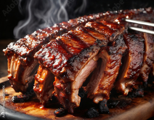 A mouthwatering close-up of succulent pork ribs sizzling on the barbecue