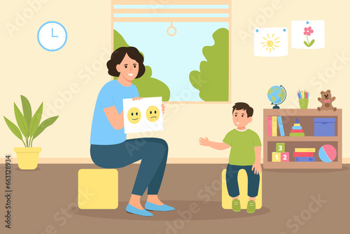 Child psychologist showing pictures to the boy. Kid counselling session in informal cozy office interior. Family psychotherapy session for children with mental problems.Vector flat  illustration