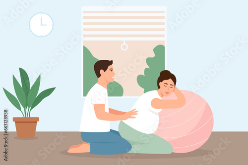 Pregnant woman preparing for childbirth with partner.  Husband helps wife to relax, making massage of  back, comfortable posture for birthing.Vector illustration