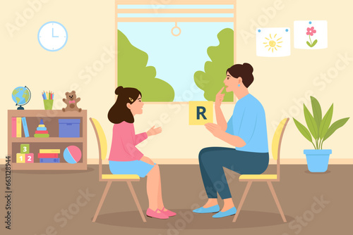Speech therapy classes for a preschool child with a therapist in an  cozy office interior. Speech disorders in children. Correct articulation therapy for a girl. Vector illustration. © Oksana