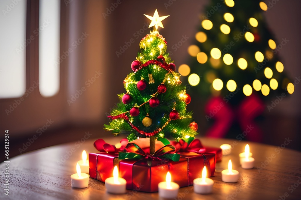 Tiny Christmas tree decoration shining on a wooden table, Generative Ai