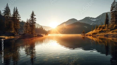 Sunrise at a mountain lake surrounded by mountains and forests