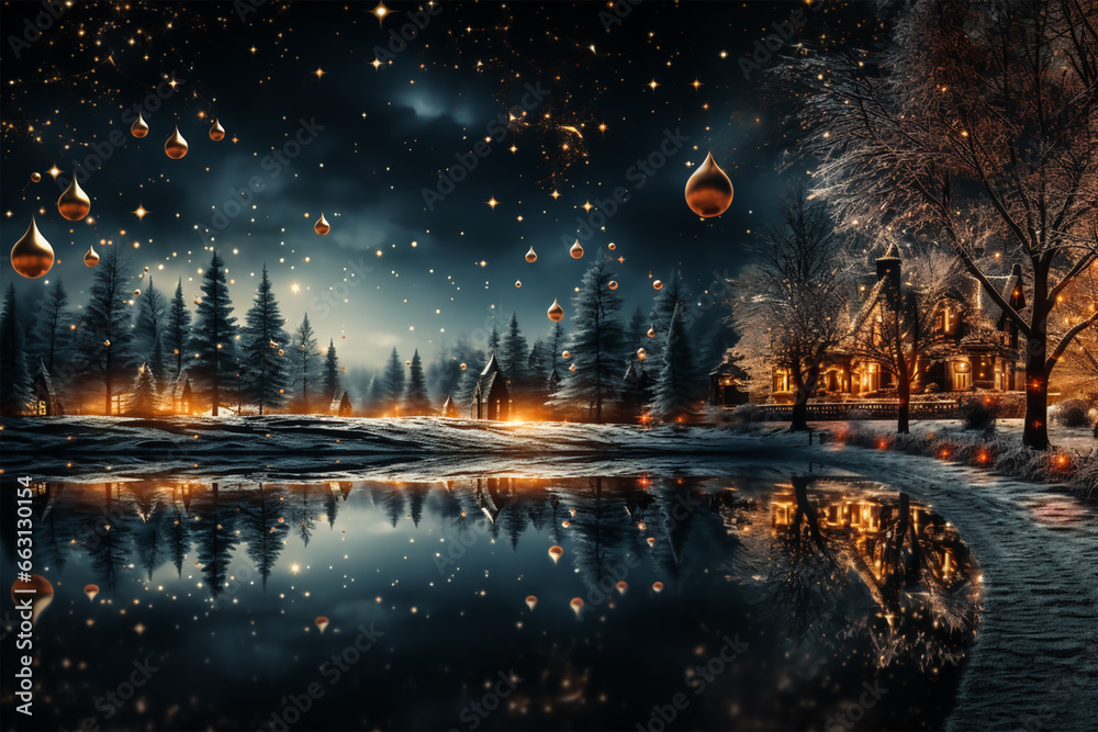 Enchanting Christmas Tree adn landscape with Baubles, Blurred Shiny Lights, and Magical Festive Delights Enchanting Christmas Tree adn landscape with Baubles, Blurred Shiny Lights, and Magical Festive Delights