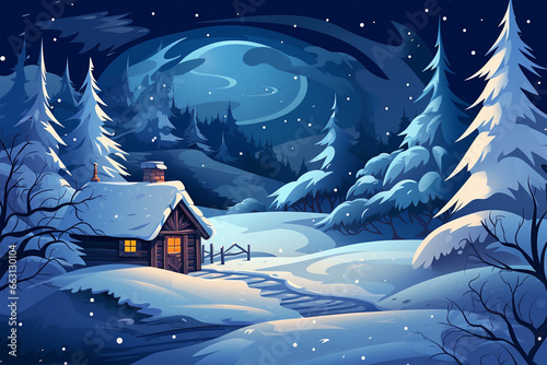 vector illustration of a view of a small hut in the snow